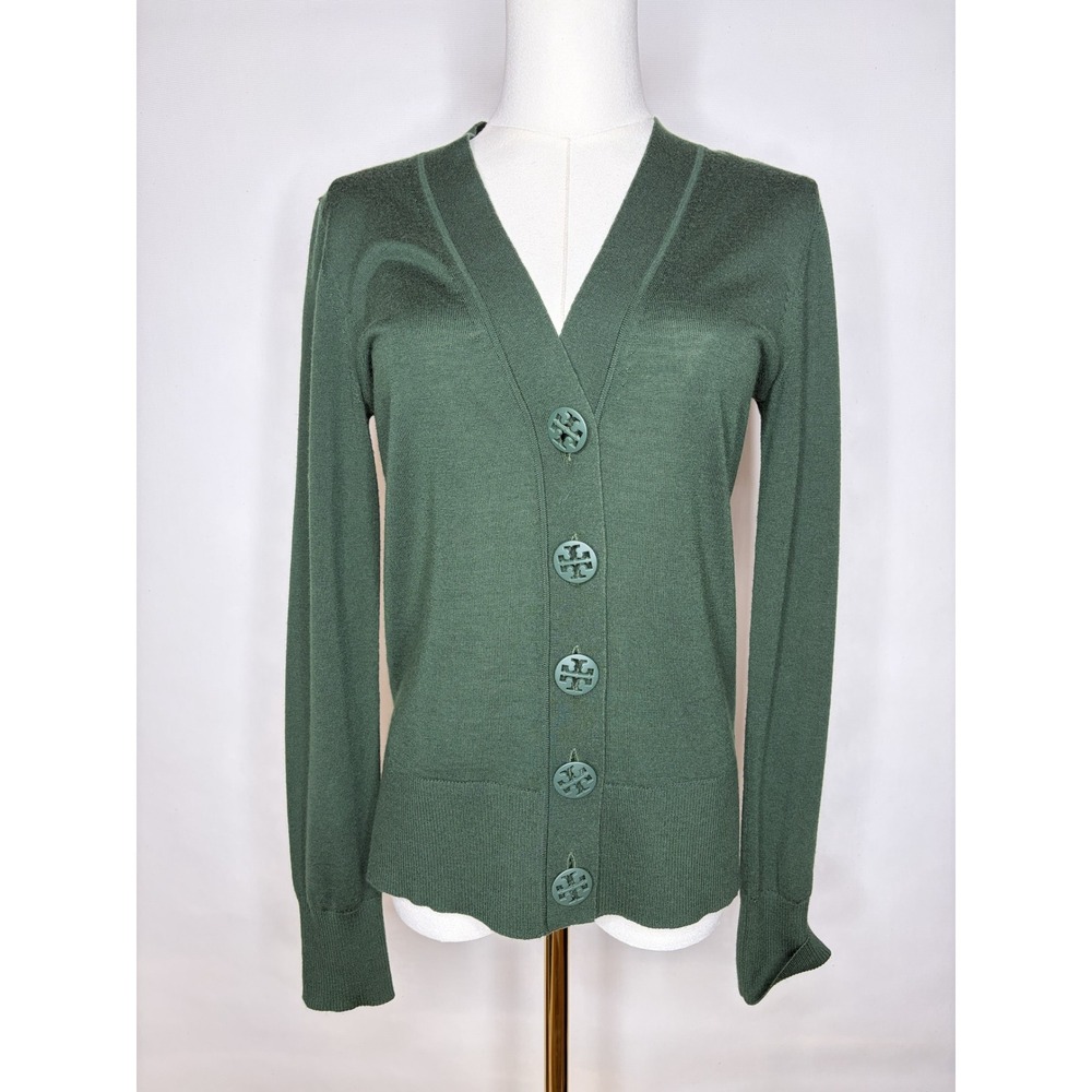 Tory Burch Madeline Cardigan Hunter Green Merino Wool Logo Button Sweater 64676